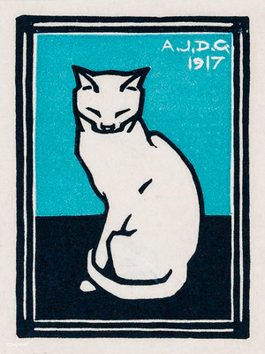 'sitting cat', by Julie de Graag, 1917. it is an image of a white cat on a light blue background.